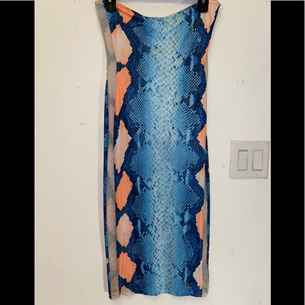 Snake skin strapless midi dress